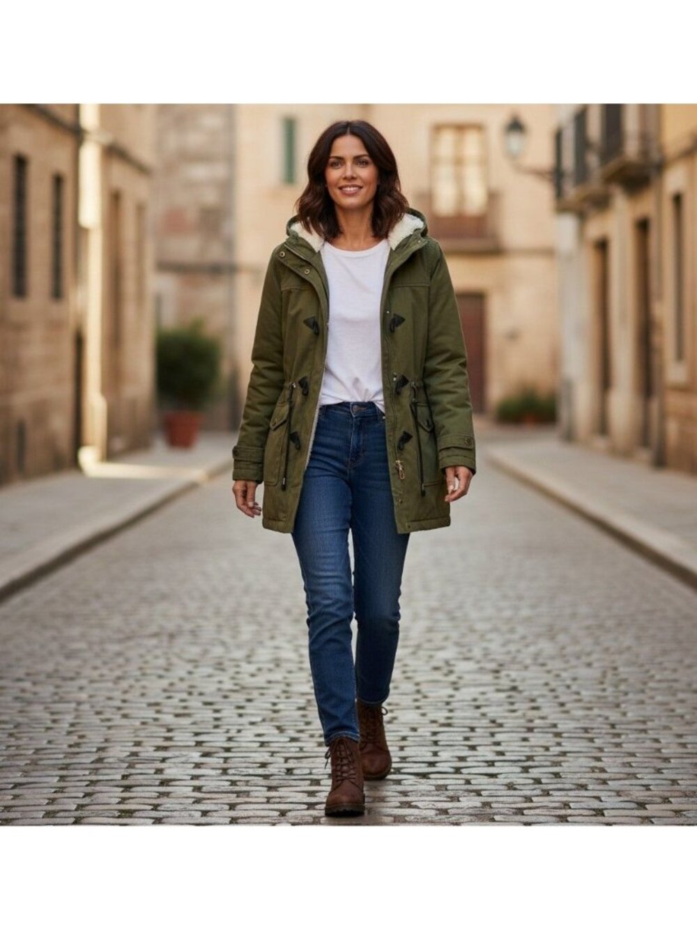 YXP Olive Green Hooded Parka Coat Faux Shearling Lining Toggle Closures Womens M